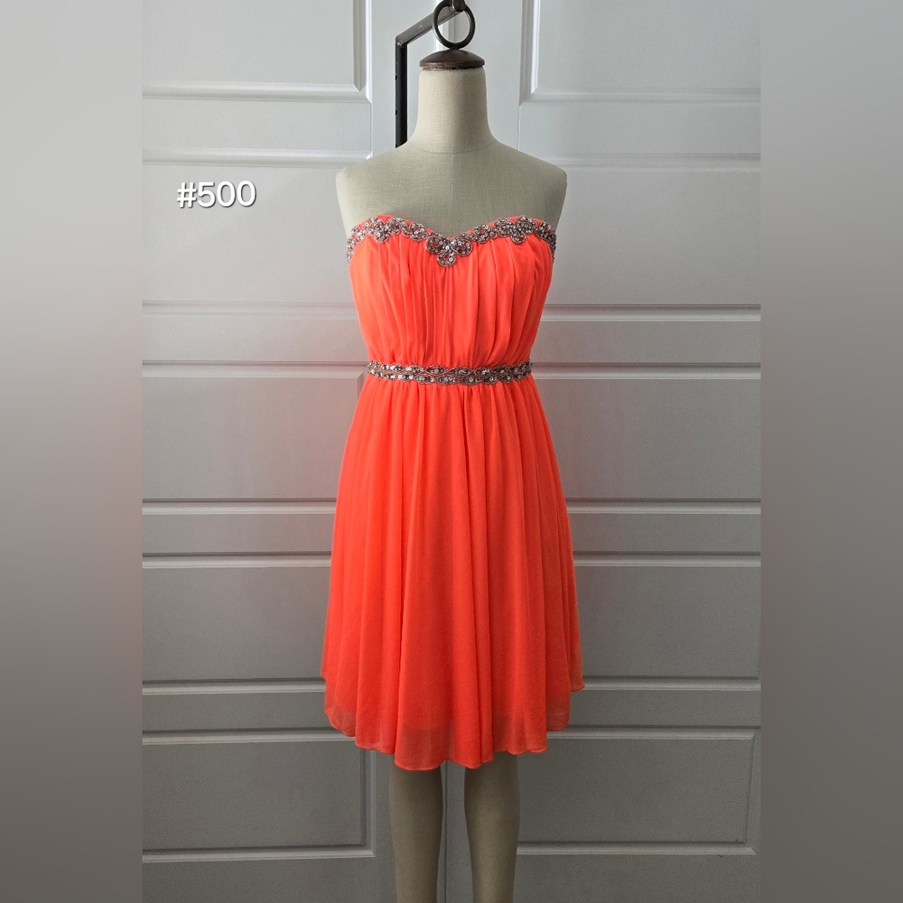 Neon Coral Strapless Chiffon Homecoming/Prom Dress